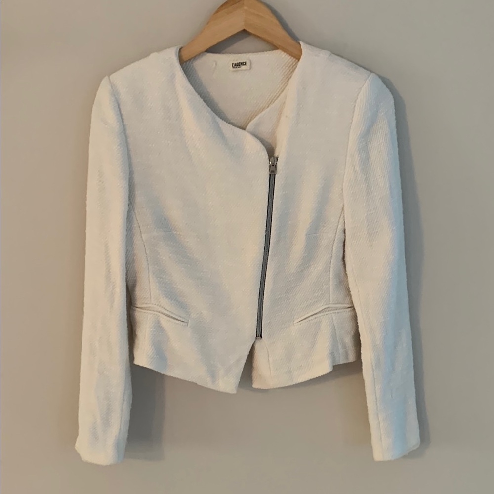L’Agence Asymmetrical Zip Twill Moto BlazerJacket Off White Cropped Tweed Office